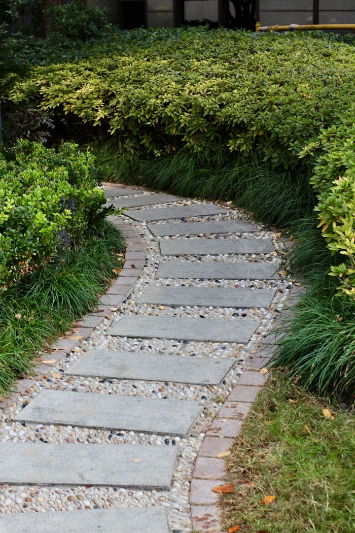 Curved stone pathway surrounded by lush greenery in a garden setting.