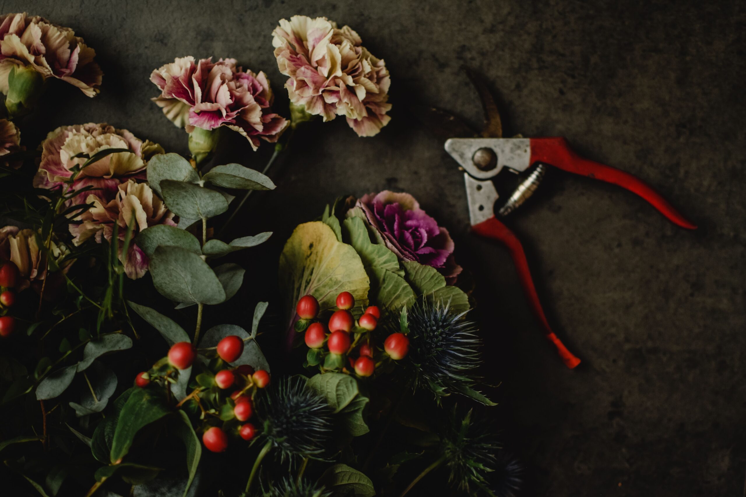 Artistic flat lay of flowers and garden shear on dark background.